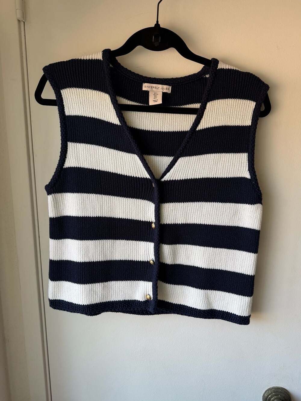 Sincerely Jules Navy and White Striped V-Neck Button-Up Sweater Vest